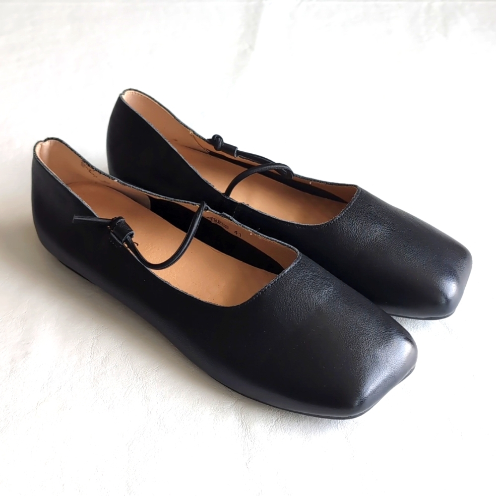 Empress Black Nappa Leather Marry Jane Flat Square Toe Shoes Women's Size 41